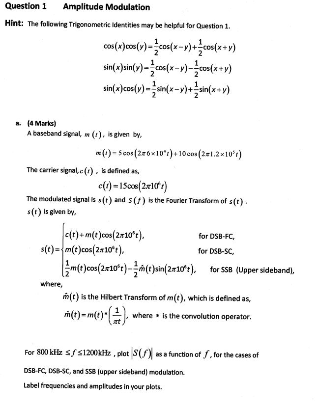 Solved A baseband signal, m(t), is given by, m(t)= | Chegg.com