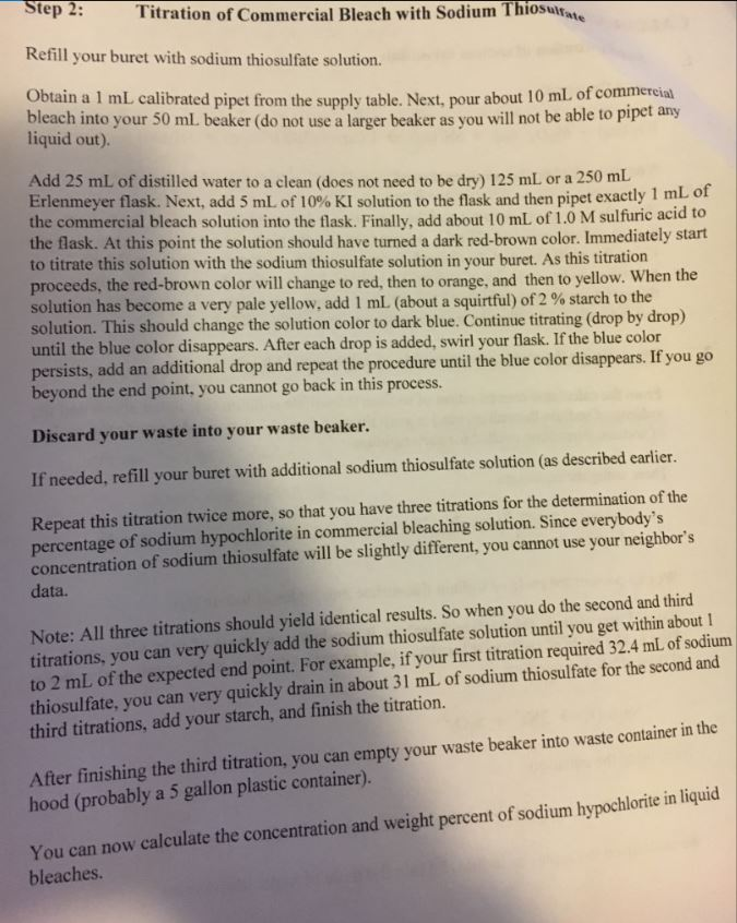 Solved Redox Titration Analysis of Bleach lab report