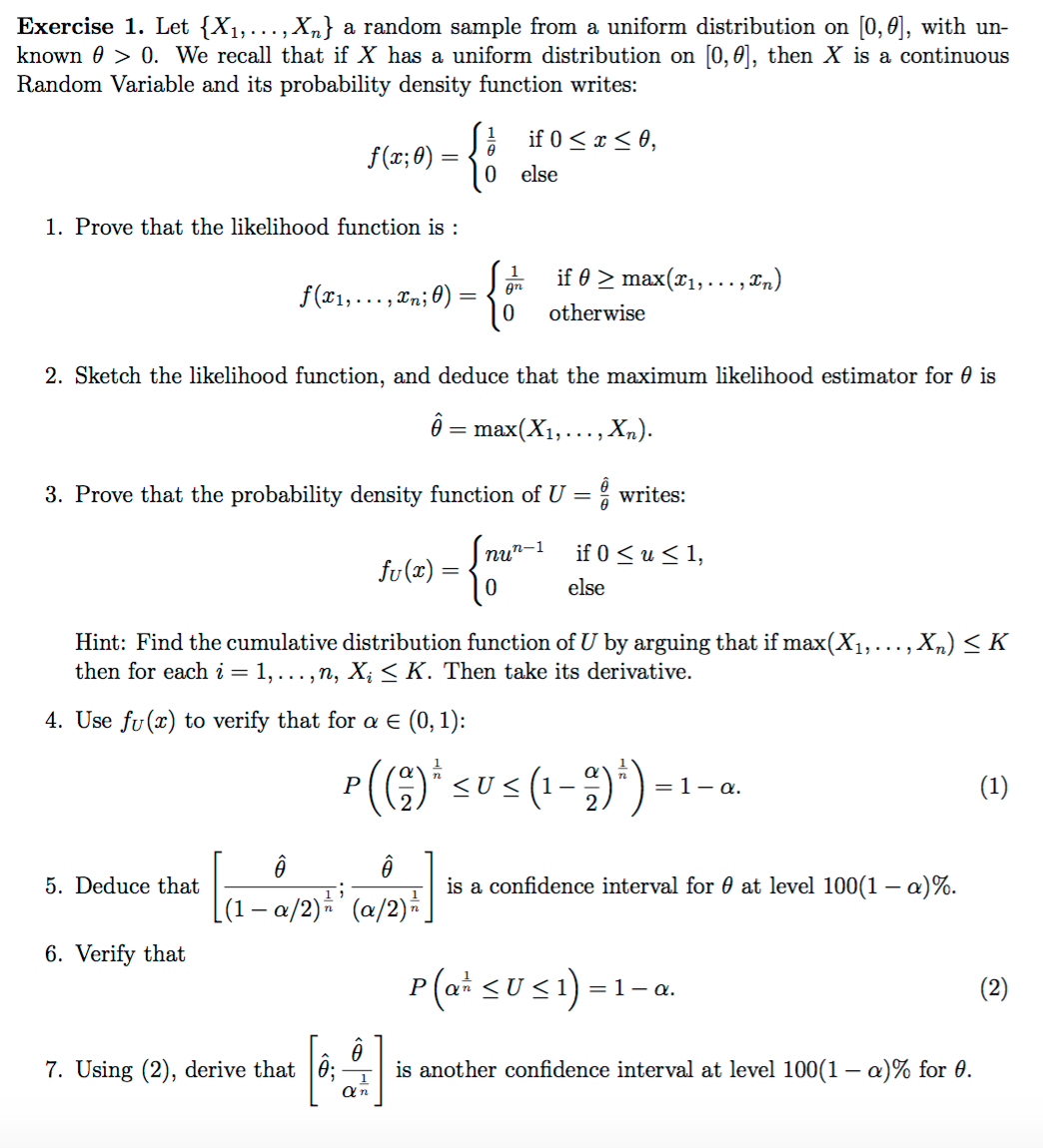 Solved Exercise 1. Let 1, Ant a random sample from a uniform | Chegg.com