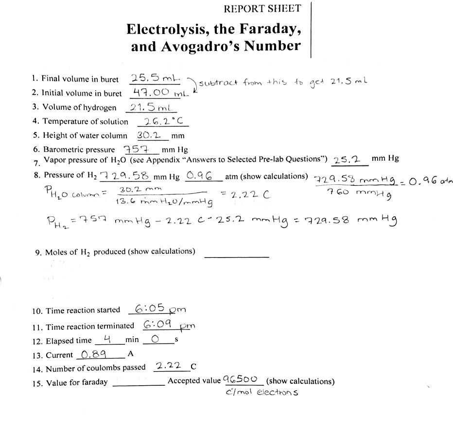 Solved REPORT SHEET Electrolysis, the Faraday, and