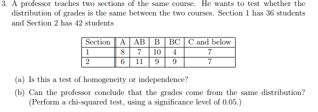 Solved 3. A professor teaches two sections of the same | Chegg.com