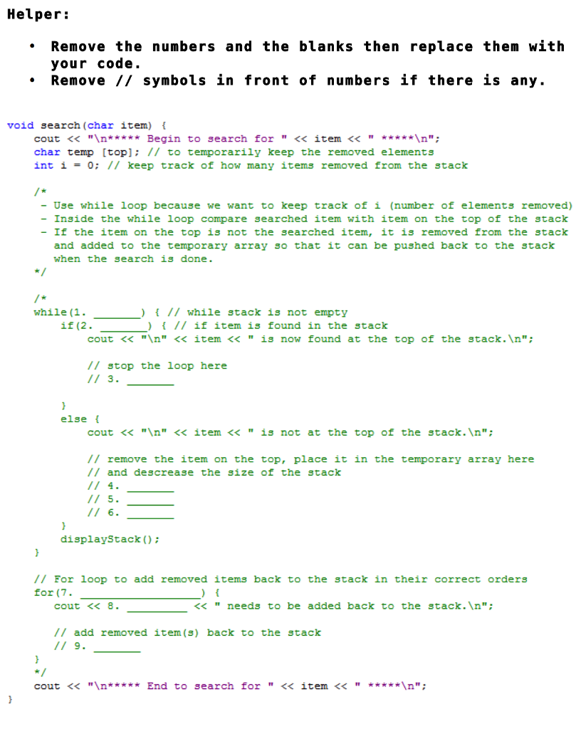 Helper: Remove the numbers and the blanks then | Chegg.com