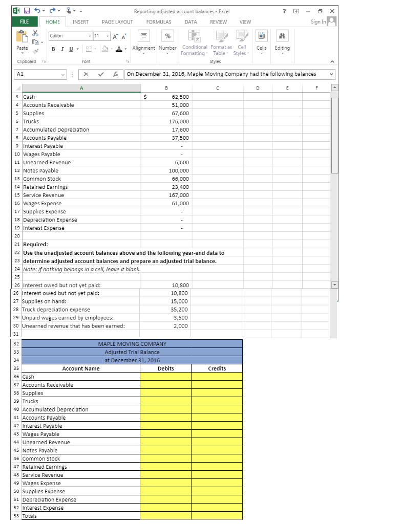 Solved Reporting adjusted account balances Excel FILE HOME
