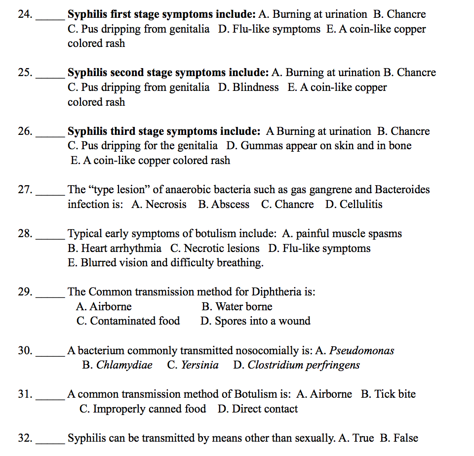 Solved 24 Syphilis first stage symptoms include: A. Burning | Chegg.com