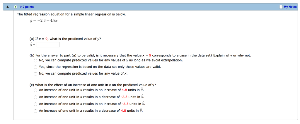 Solved 8, + 10 points My Notes The fitted regression | Chegg.com