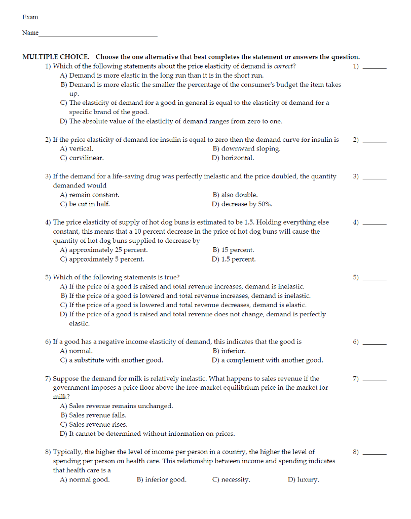 Solved Exam Name MULTIPLE CHOICE. Choose the one alternative | Chegg.com