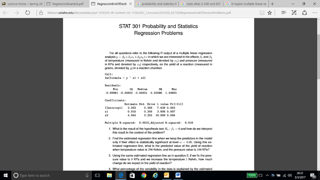 Solved Lecture Notes Spring 20 Regression Example pdf EJ Chegg