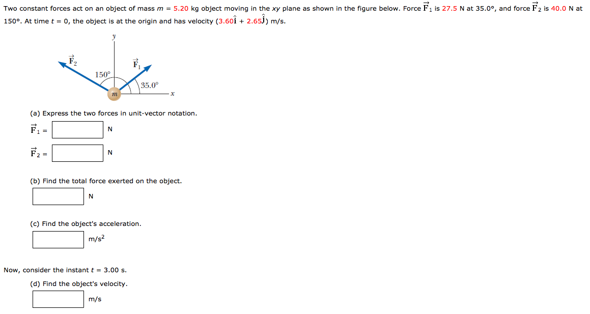 Solved Two constant forces act on an object of mass m = 5.