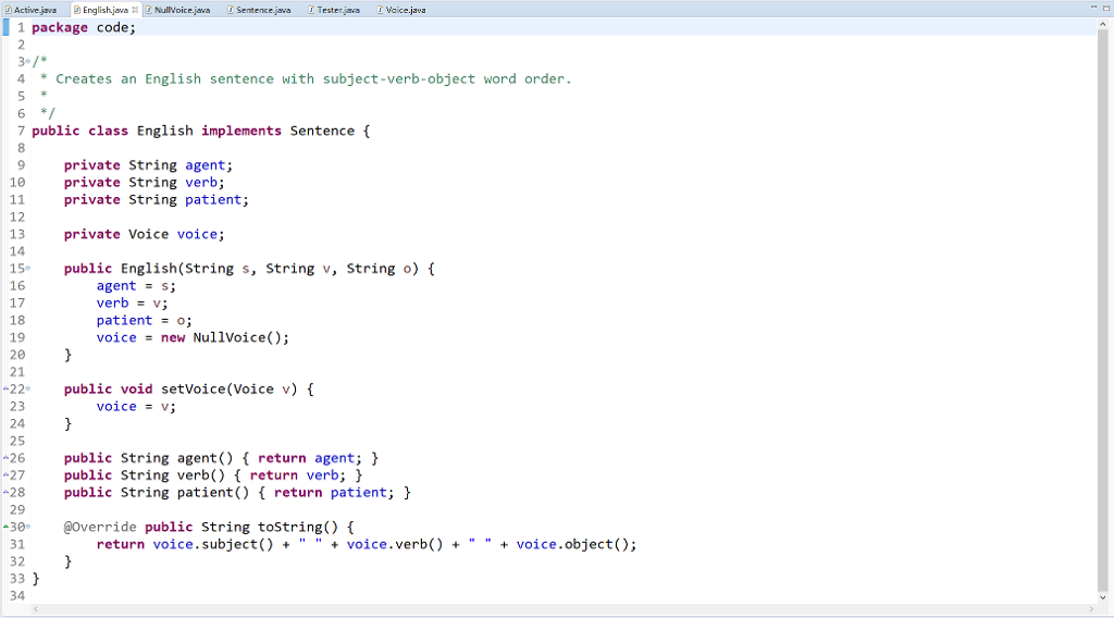Solved Tester.java 1 package code; 4 Creates an ACTIVE VOICE | Chegg.com