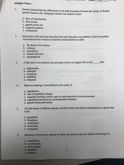 Solved Multiple Choice 1. Darwin claimed that the | Chegg.com