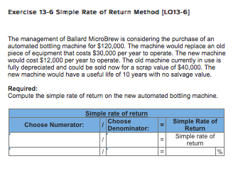 Solved Exercise 13-6 Simple Rate of Return Method [LO13-6] | Chegg.com