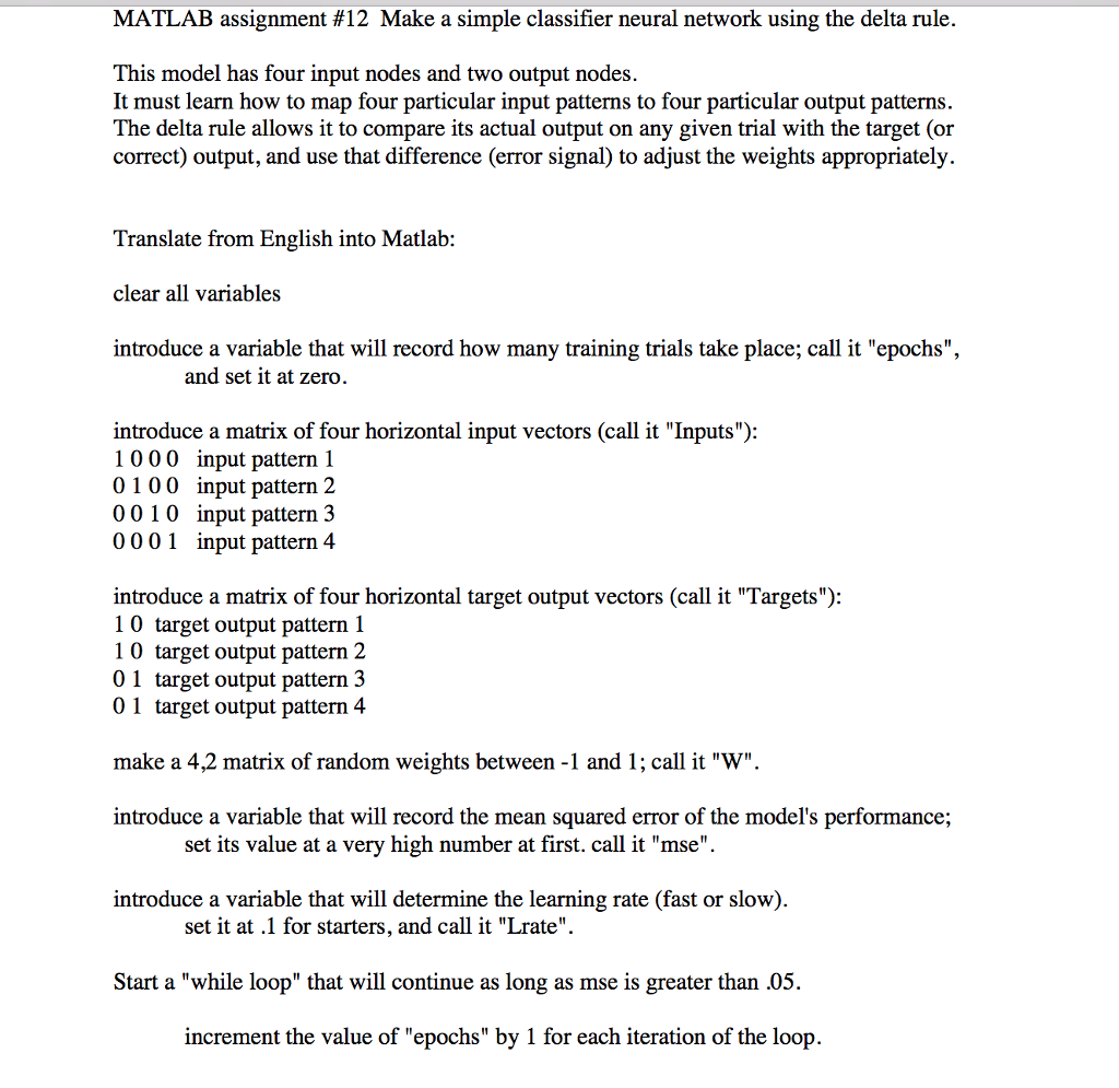 MATLAB assignment #12 Make a simple classifier neural | Chegg.com