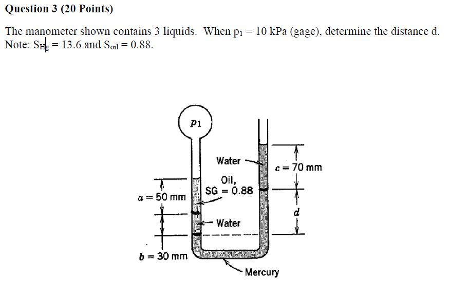 Solved The manometer shown contains 3 liquids. When p_1 = 10