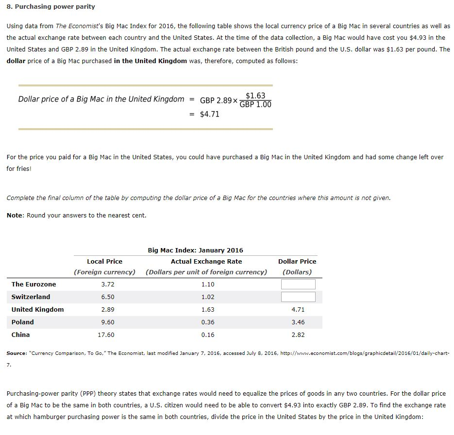 Solved 8. Purchasing power parity Using data from The