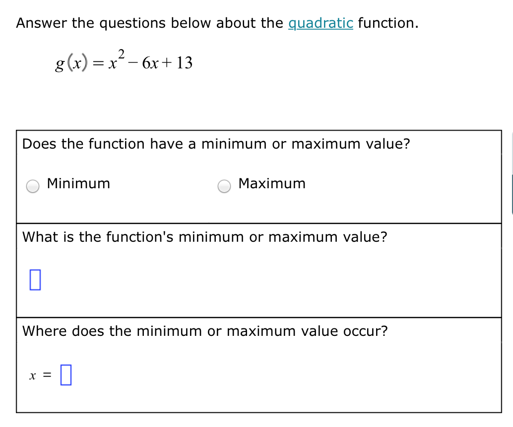 the minimum value of the function x2 6x 10 is