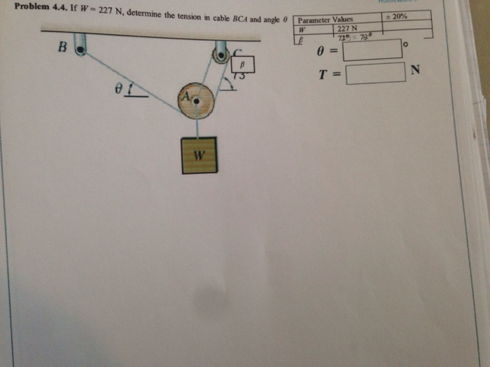 Solved If w = 227 N, determine the tension in cable BCA and | Chegg.com