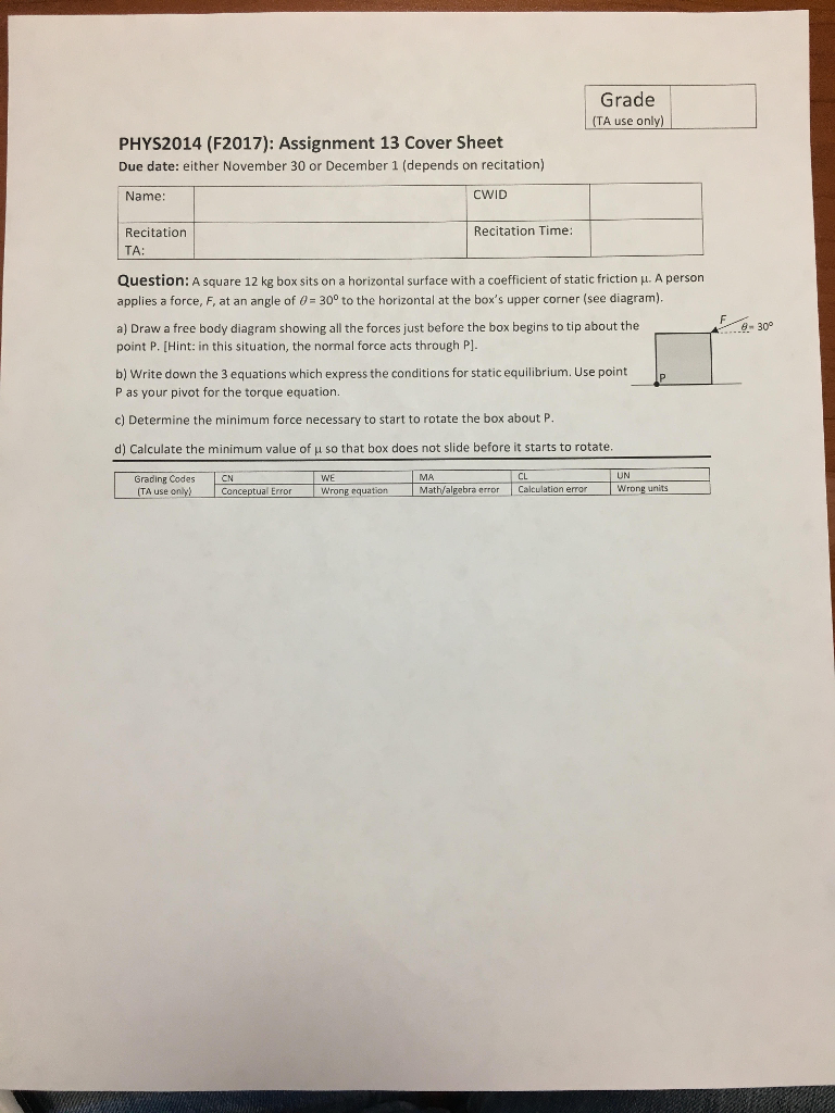 Solved Grade Ta Use Only) Phys2014 (f2017): Assignment 13 