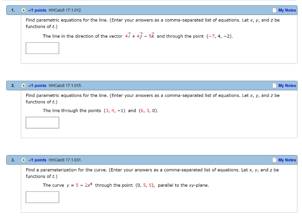 Solved 1. 1 points HHCalc6 17.1.012 My Notes Find parametric | Chegg.com