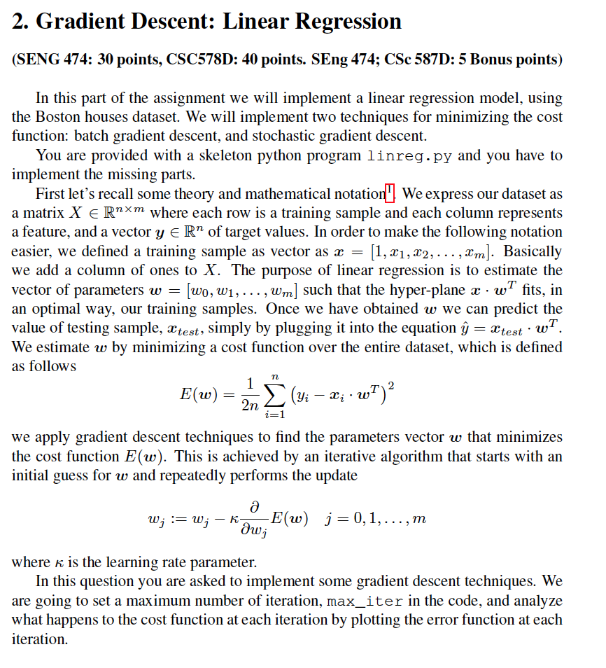 2. Gradient Descent: Linear Regression (SENG 474: 30 | Chegg.com