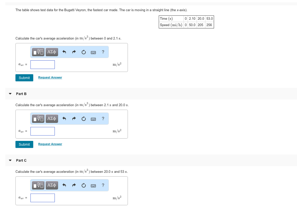 Solved The table shows test data for the Bugatti Veyron, the | Chegg.com