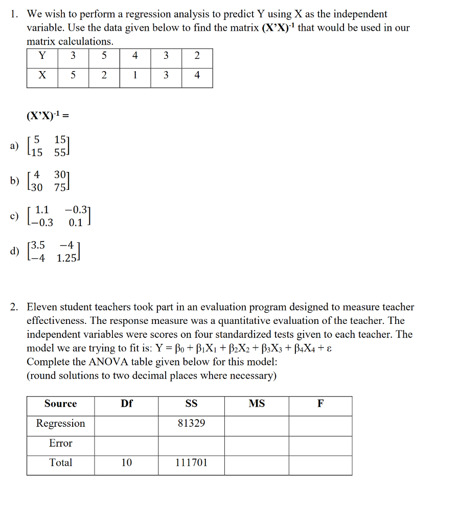 We Wish To Perform A Regression Analysis To Predict Y | Chegg.com