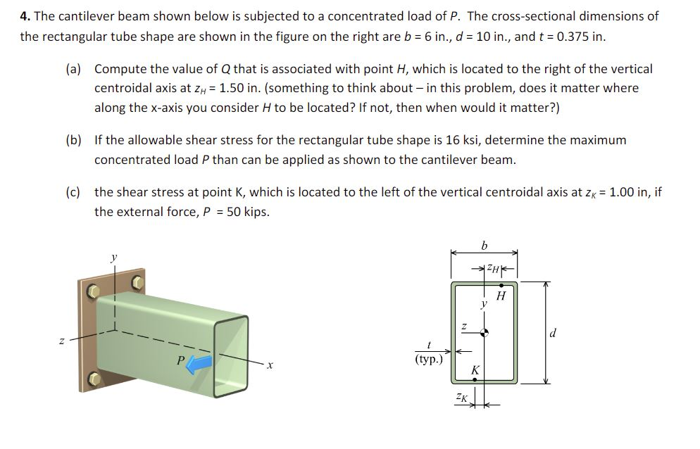 Solved 4. The cantilever beam shown below is subjected to a