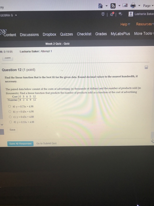 Solved Find the linear function that is the best fit for the | Chegg.com