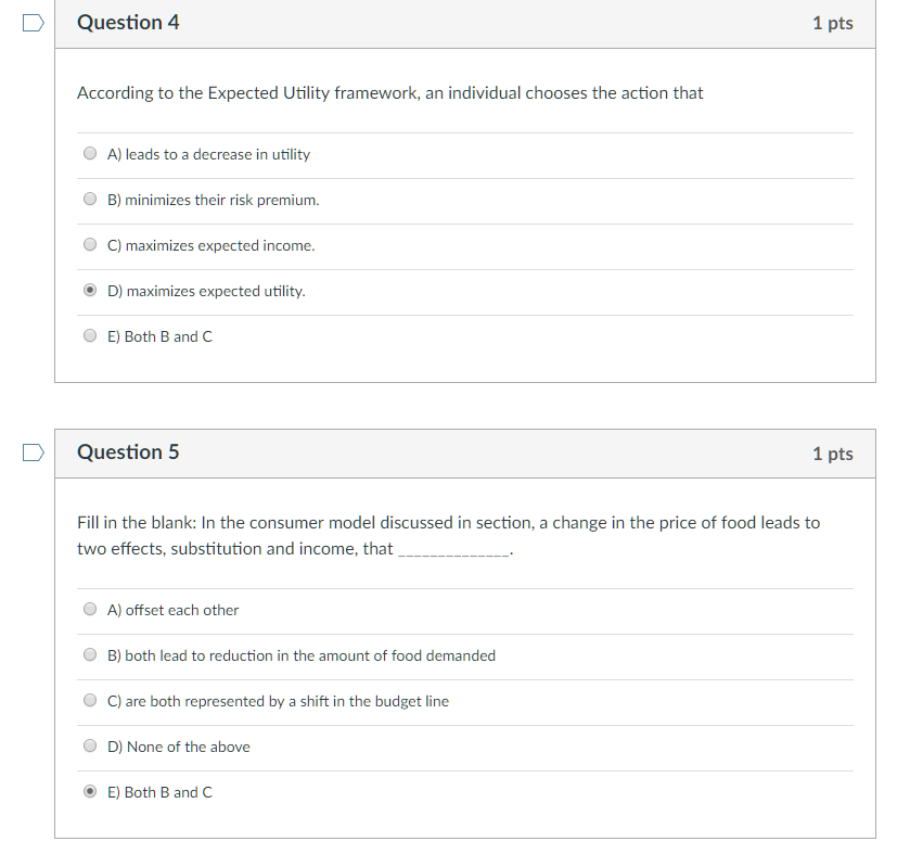 Solved D Question 4 1 pts According to the Expected Utility | Chegg.com