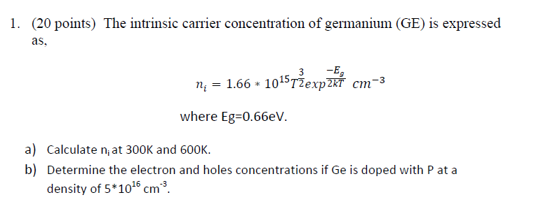 Solved The intrinsic carrier concentration of germanium (GE) | Chegg.com