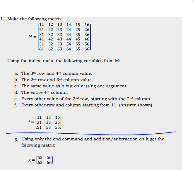 Solved 1. Make the following matrix M= Using the index, make | Chegg.com