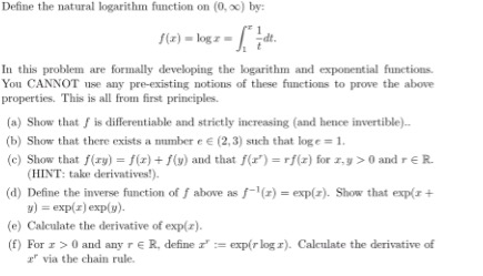 Solved Define the natural logarithm function on (0, | Chegg.com