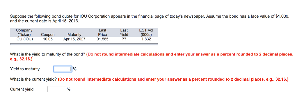 Solved Suppose the following bond quote for IOU Corporation | Chegg.com