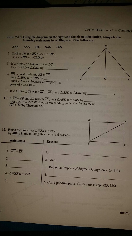 If AB = CB and BD bisects ABC, then Delta AABD = | Chegg.com