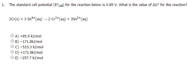 Solved 1. The standard cell potential (E degree cell) for | Chegg.com