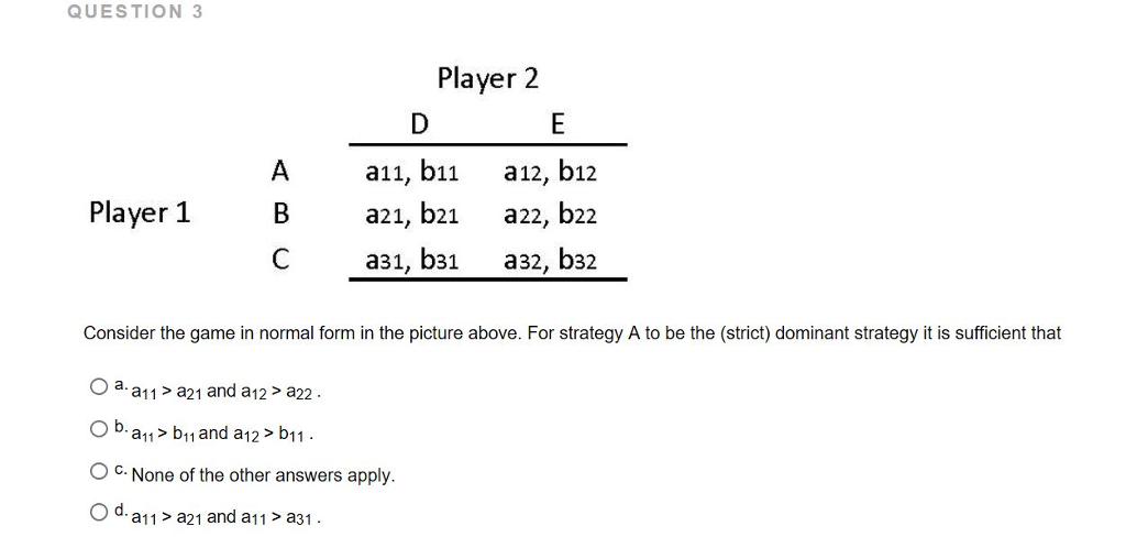 Solved QUESTION 3 Player 2 A A11, B1 A12, B12 Player A21, | Chegg.com