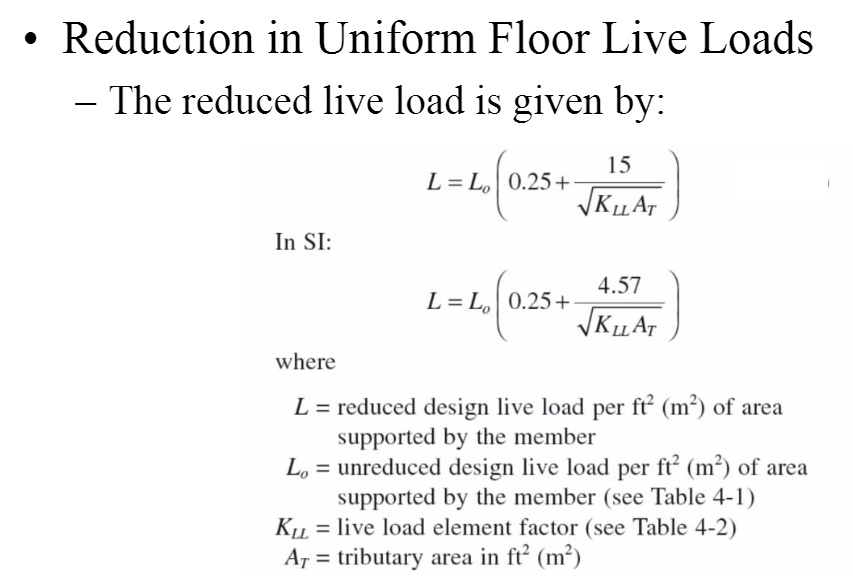 The reduced live load is given by where L = reduced
