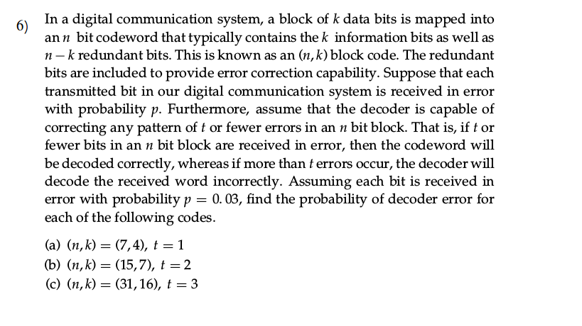 Solved In a digital communication system, a block of k data | Chegg.com