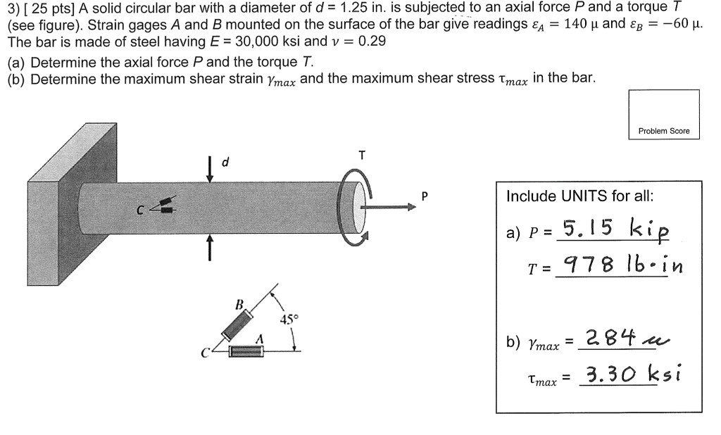 Solved 3) [ 25 Pts] A Solid Circular Bar With A Diameter Of | Chegg.com