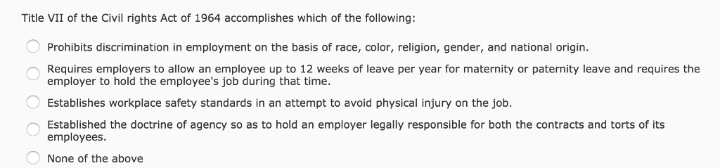 Solved Title VII of the Civil rights Act of 1964 | Chegg.com