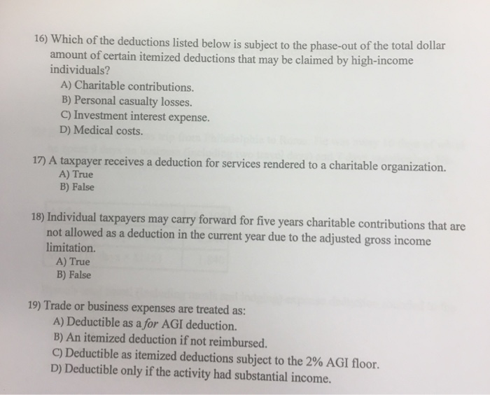 Solved Which of the deductions listed below is subject to