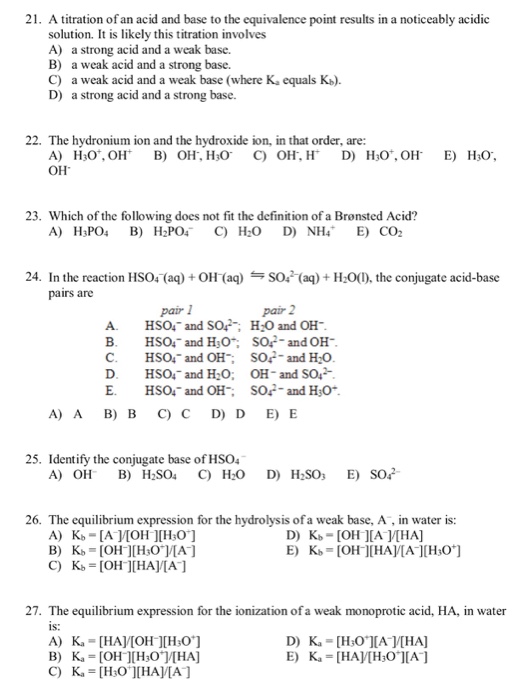 Solved A titration of an acid and base to the equivalence | Chegg.com