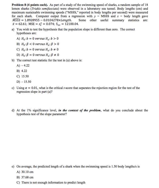 Solved As part of a study of the swimming speed of sharks, a | Chegg.com