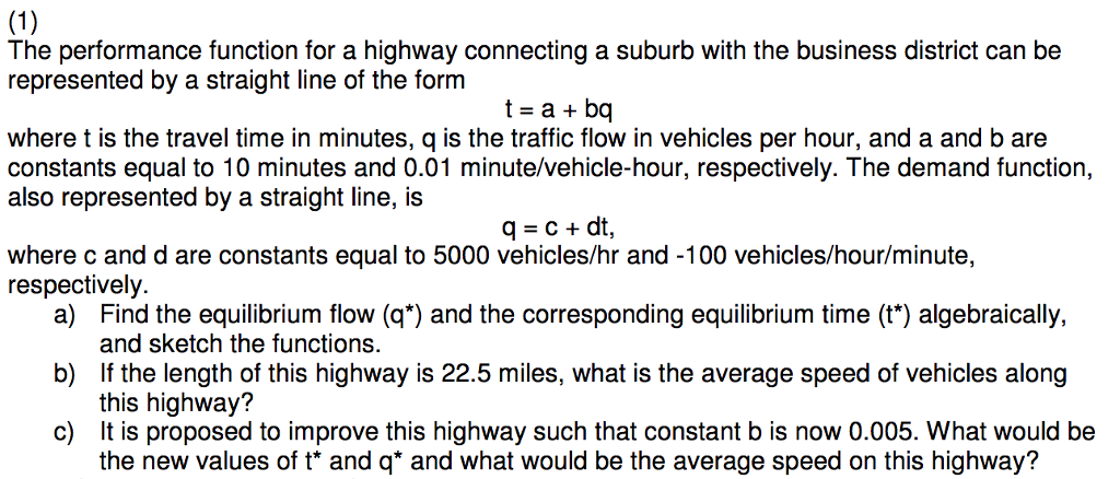 Solved The Performance Function For A Highway Connecting A | Chegg.com