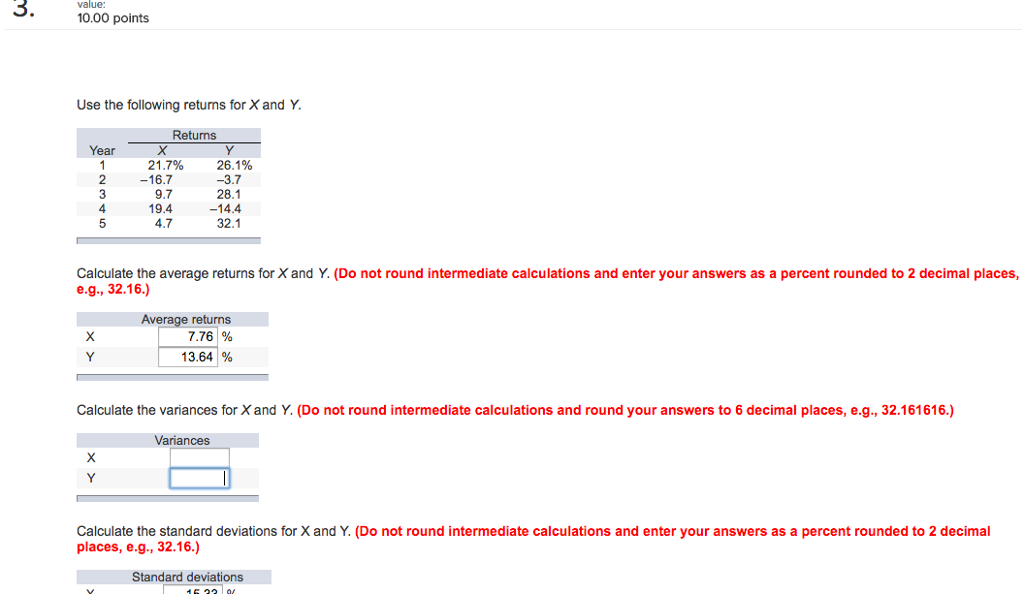 Solved Use the following returns for X and Y. Calculate the | Chegg.com