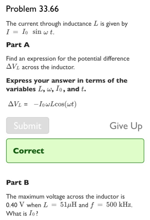 Solved The current through inductance L is given by I = I_0 | Chegg.com