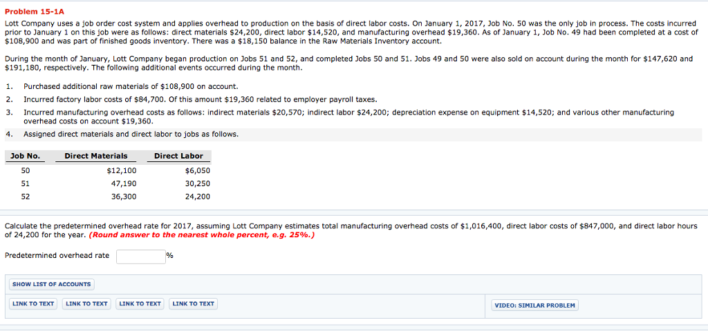 Solved Problem 15 1A Lott Company Uses A Job Order Cost Chegg