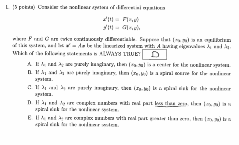 Solved 1. (5 points) Consider the nonlinear system of | Chegg.com