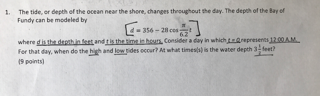 Solved The Tide Or Depth Of The Ocean Near The Shore Chegg