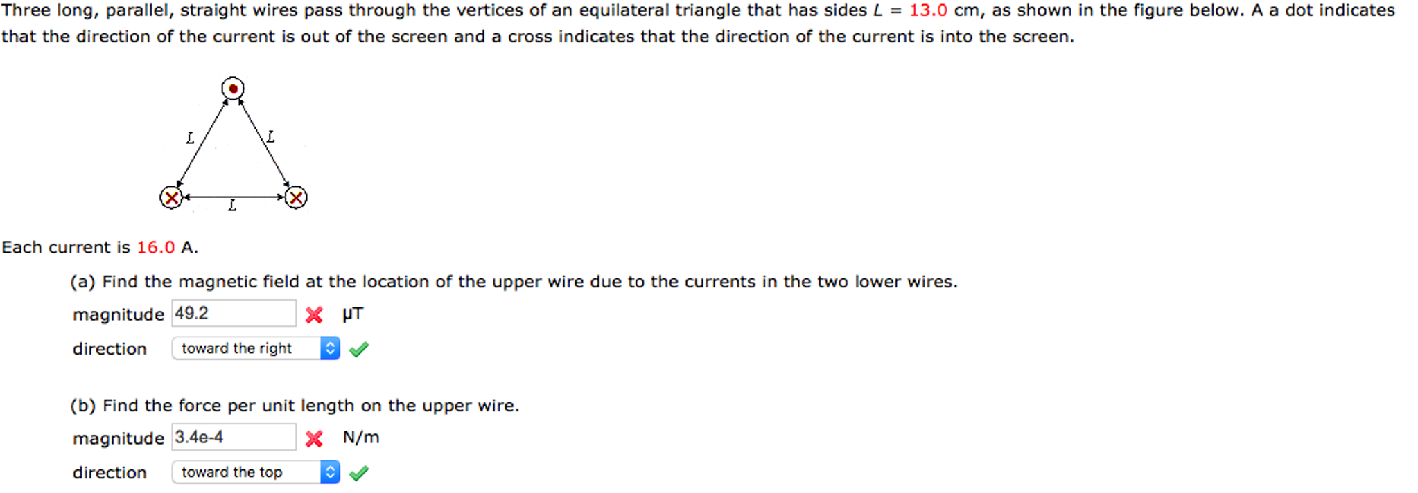 Solved Three long, parallel, straight wires pass through the | Chegg.com