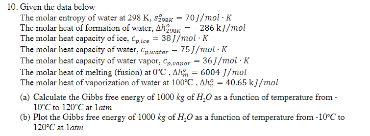 Solved 10. Given the data below The molar entropy of water | Chegg.com